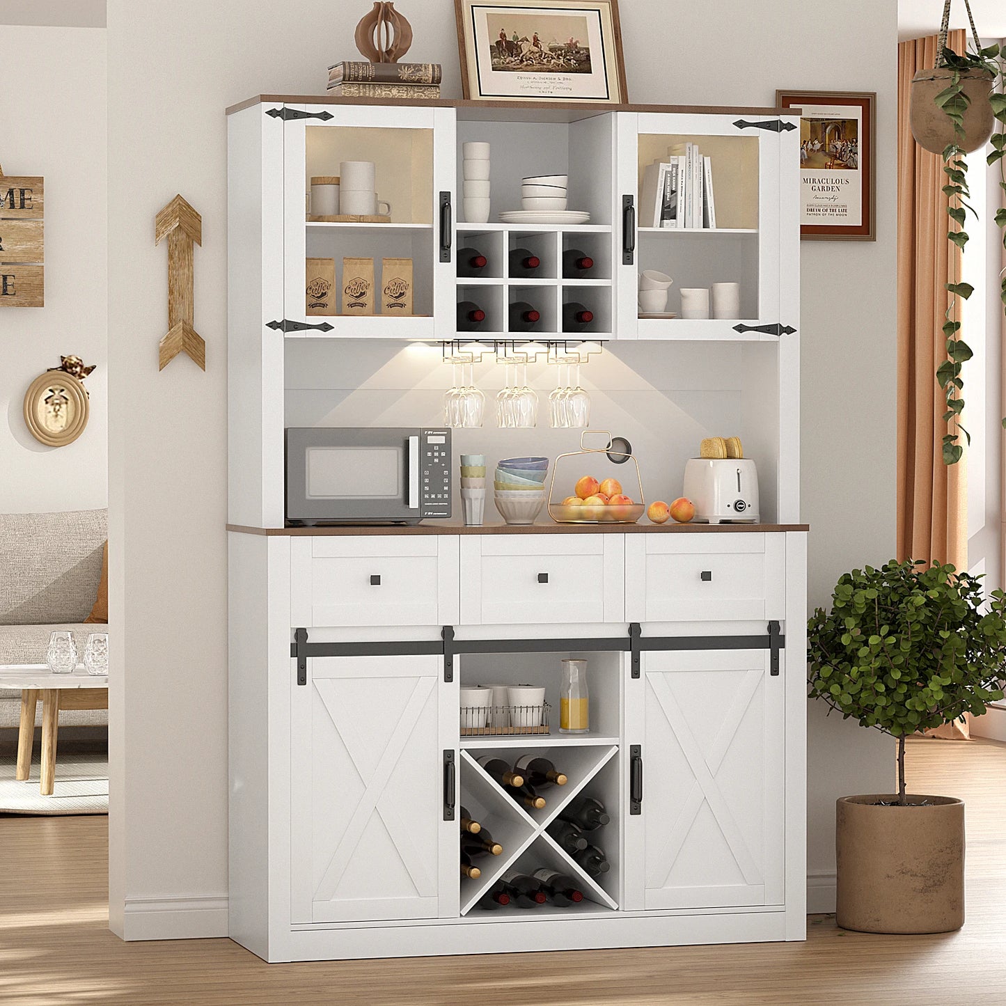 VOWNER Farmhouse Bar Cabinet Sliding Barn Door Wine Rack