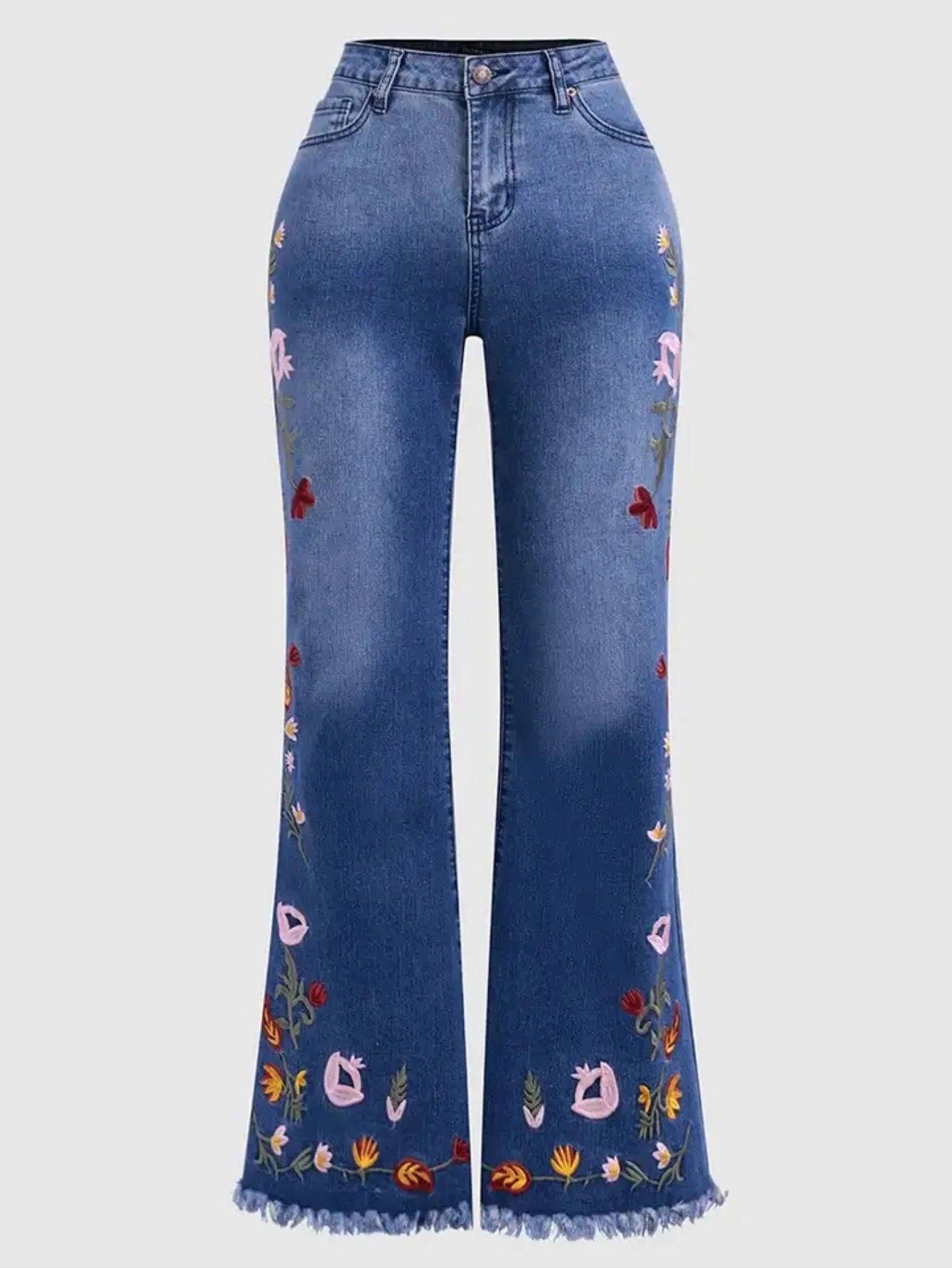Sui Women's High Waisted Floral Denim Flare Jeans Style