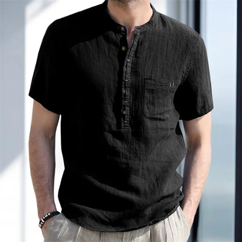 CN Guangdong Mens Linen Henley ShortSleeve Breathable Shirt