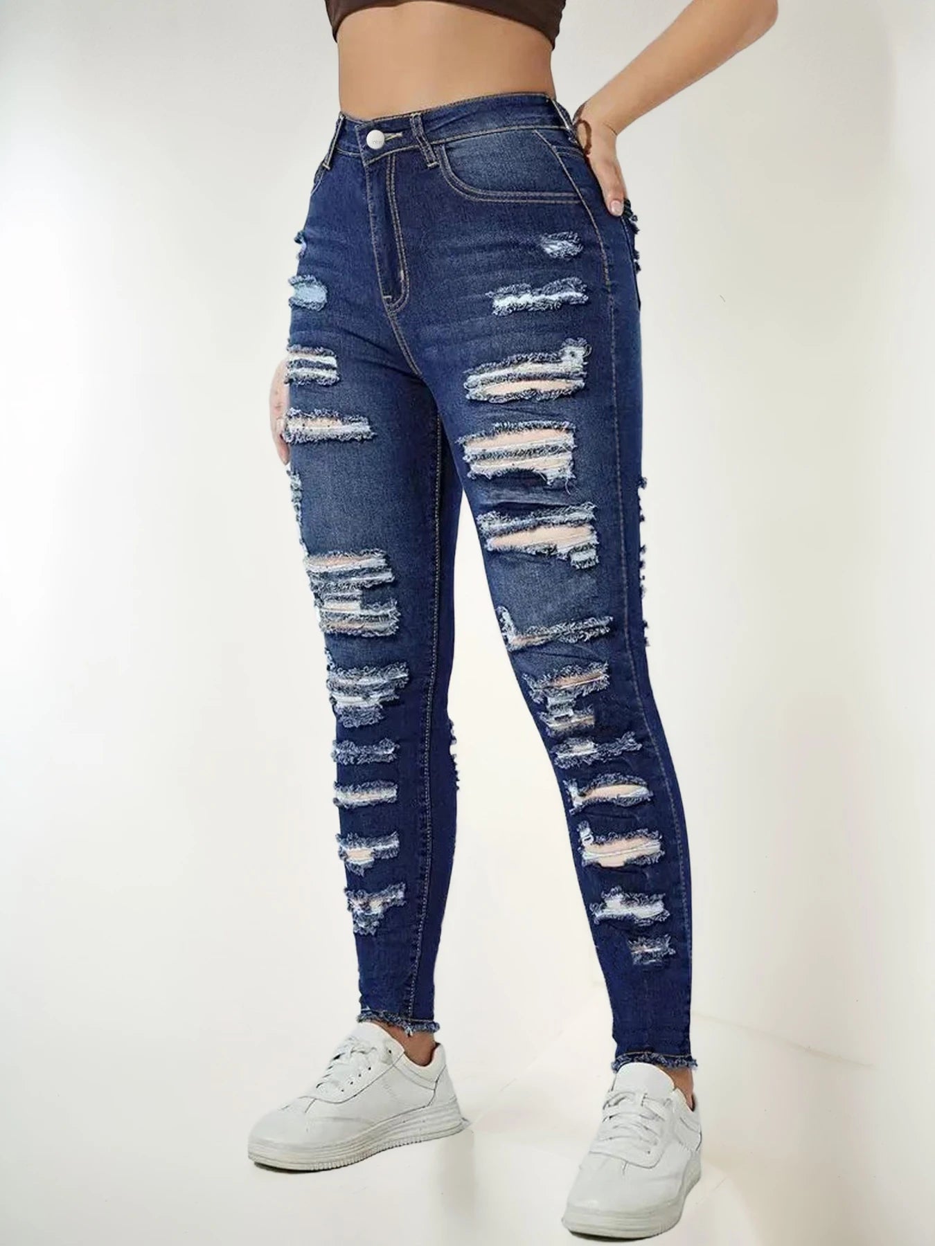 CN Guangdong Women's High Waisted Perforated Slim Jeans