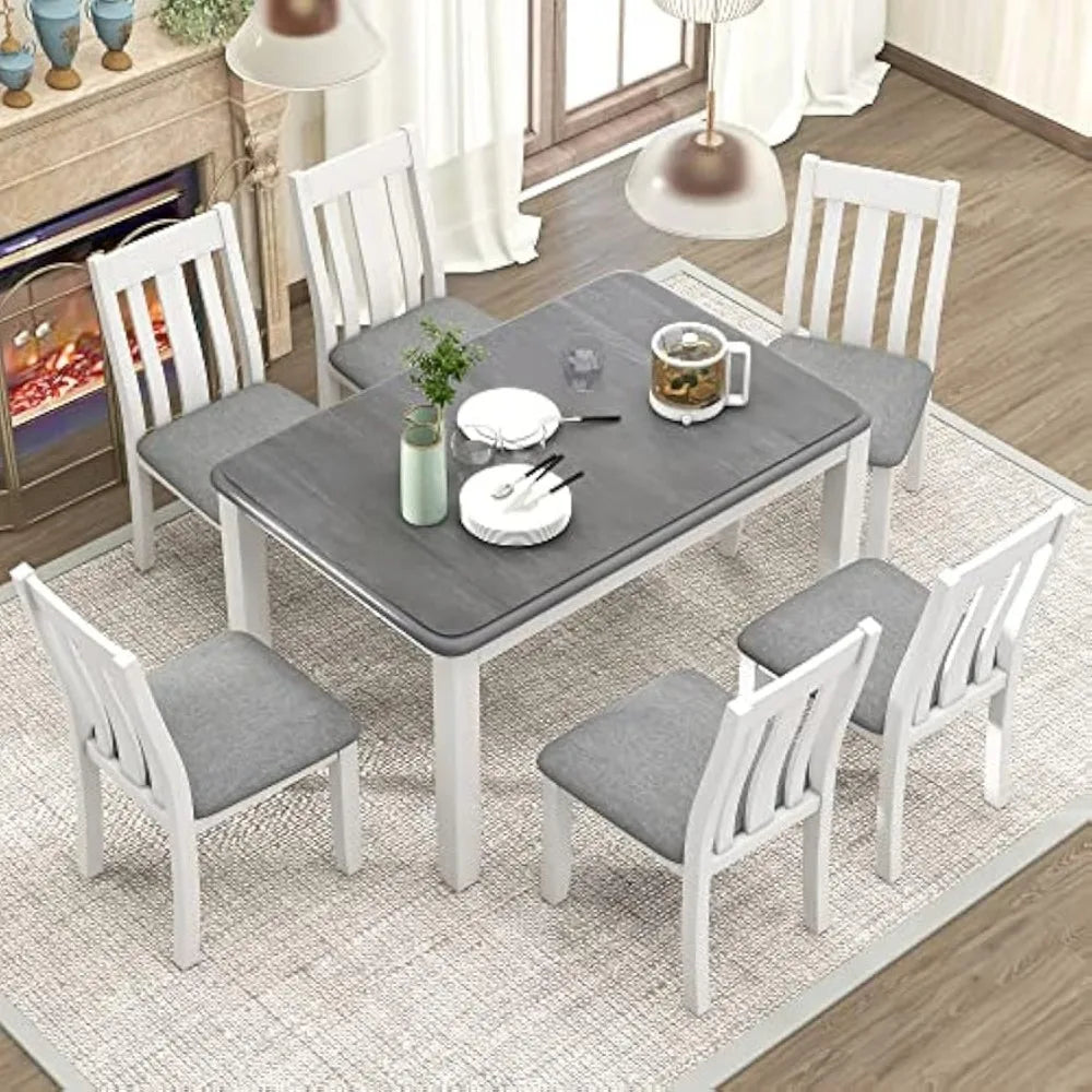 Modern Farmhouse 7 Piece Wood Dining Set Upholstered Chairs