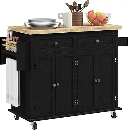 Ticify Kitchen Island Cart With Rubber Wood Top On Wheels