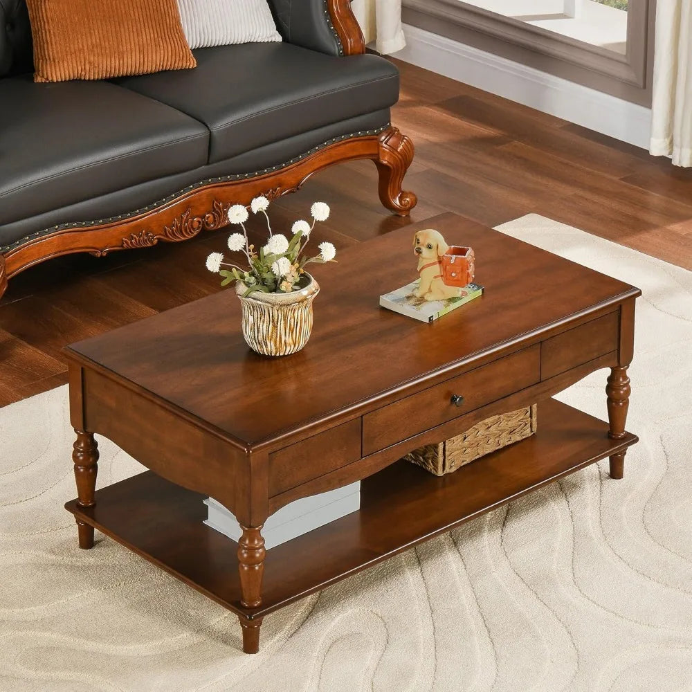 Mid Century Solid Wood Coffee Table With Storage Drawers