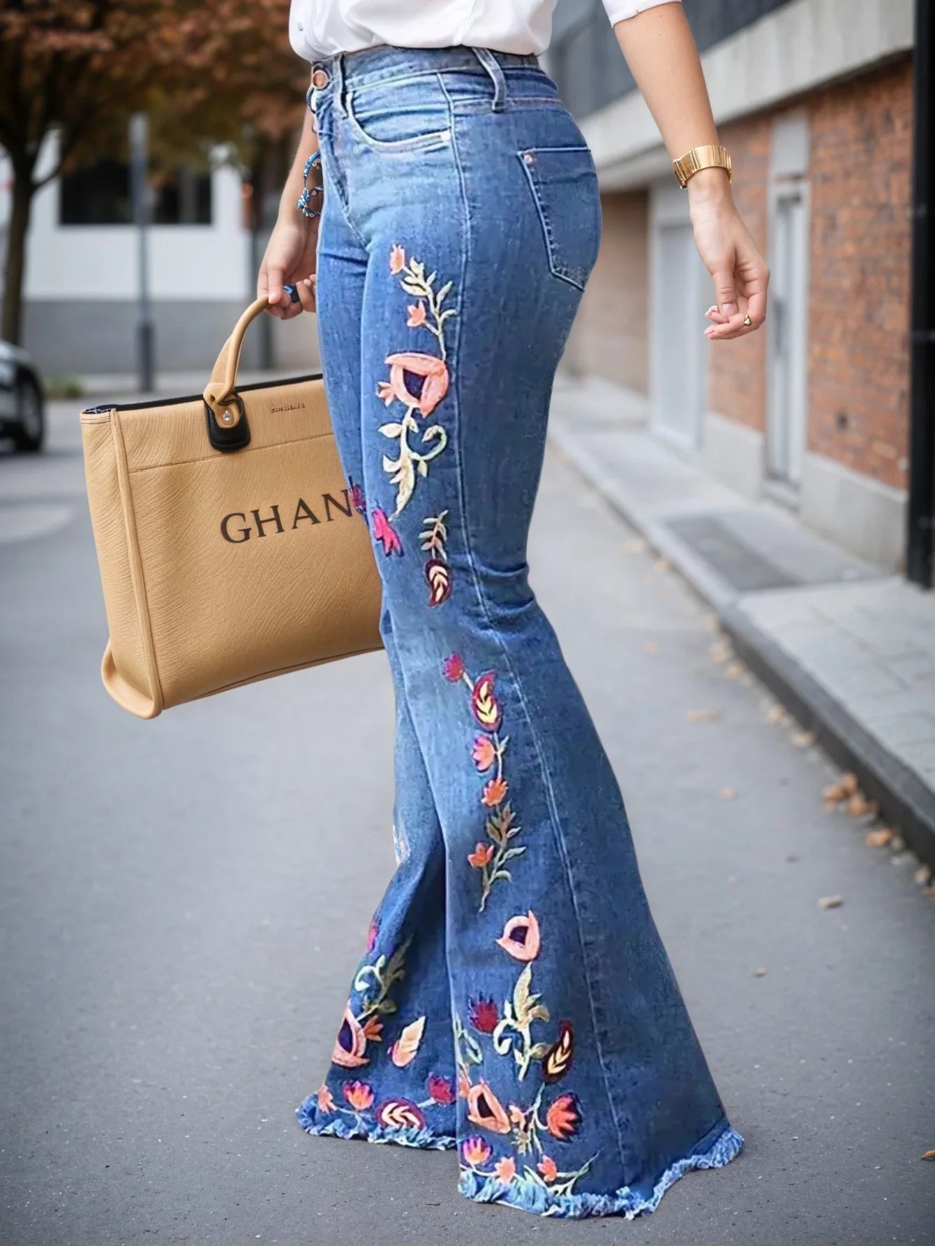 Sui Women's High Waisted Floral Denim Flare Jeans Style