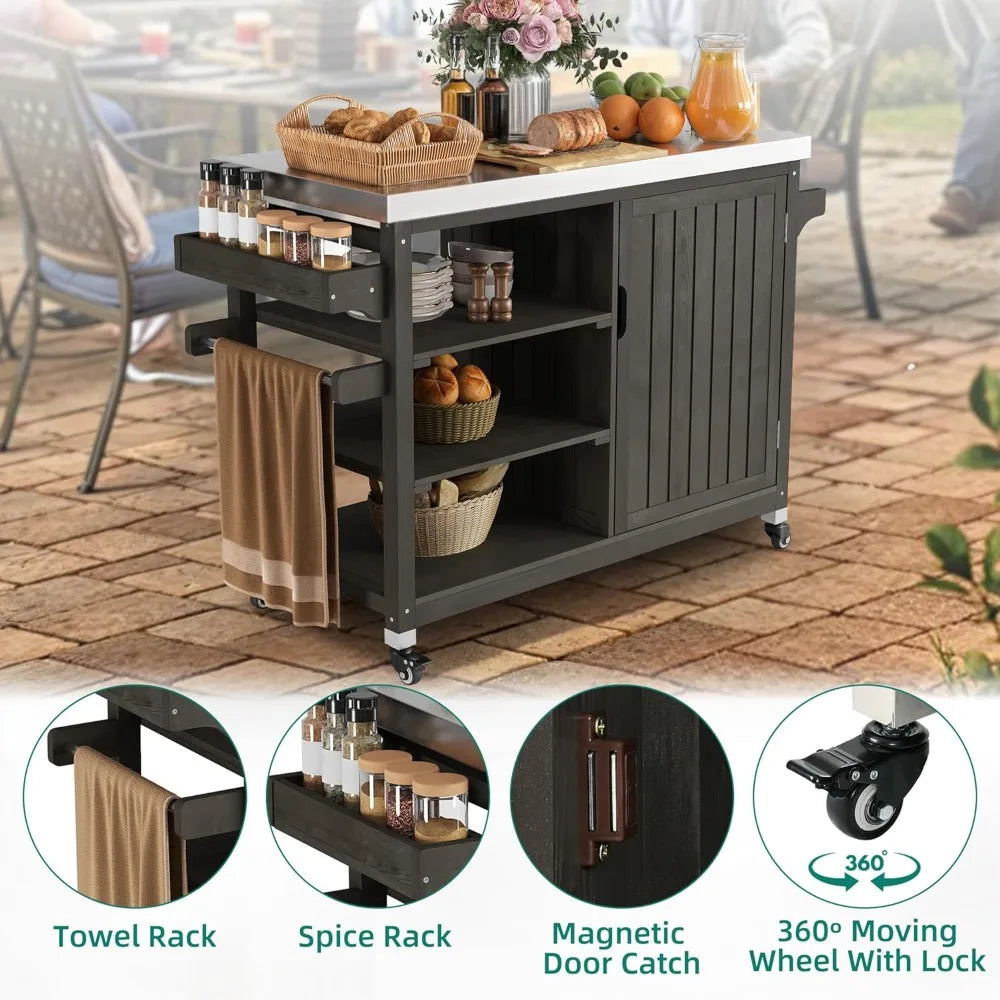 DAFIFY Solid Wood Outdoor Grill Cart With Stainless Table