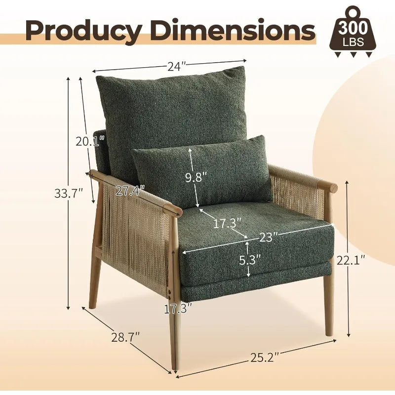 Cozy Chenille Accent Chair With Pillow And Rattan Arms