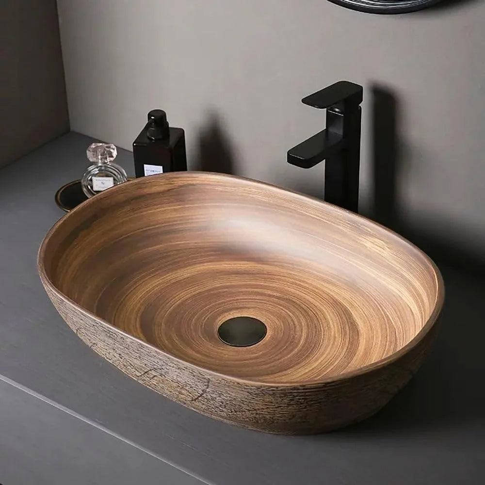 Oval Ceramic Vessel Sink For Bathroom Retro Style Wash Basin