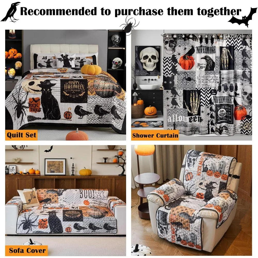 Halloween Themed Quilt Set With 3 Pillow Shams Lightweight