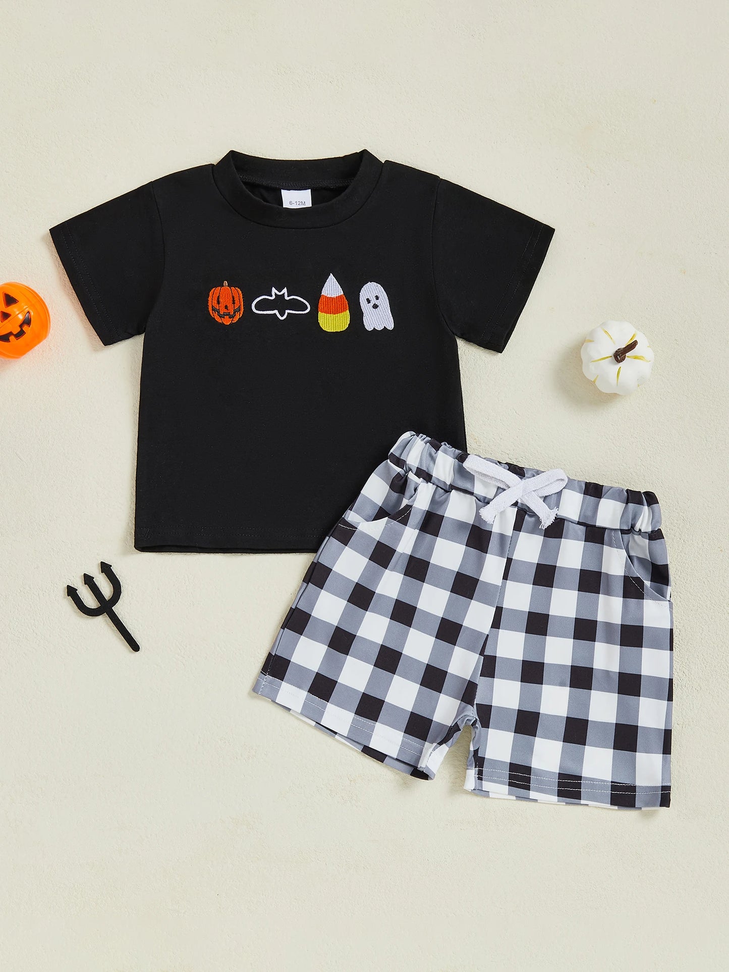 Guangdong Boys Halloween Embroidered Plaid Shorts Outfit