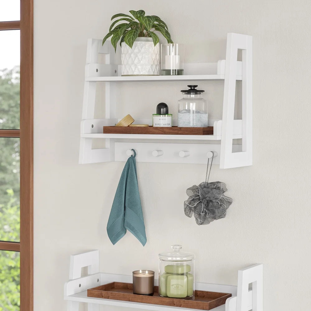 XMSJ 2 Tier Bathroom Ladder Shelf With Open Storage Hooks