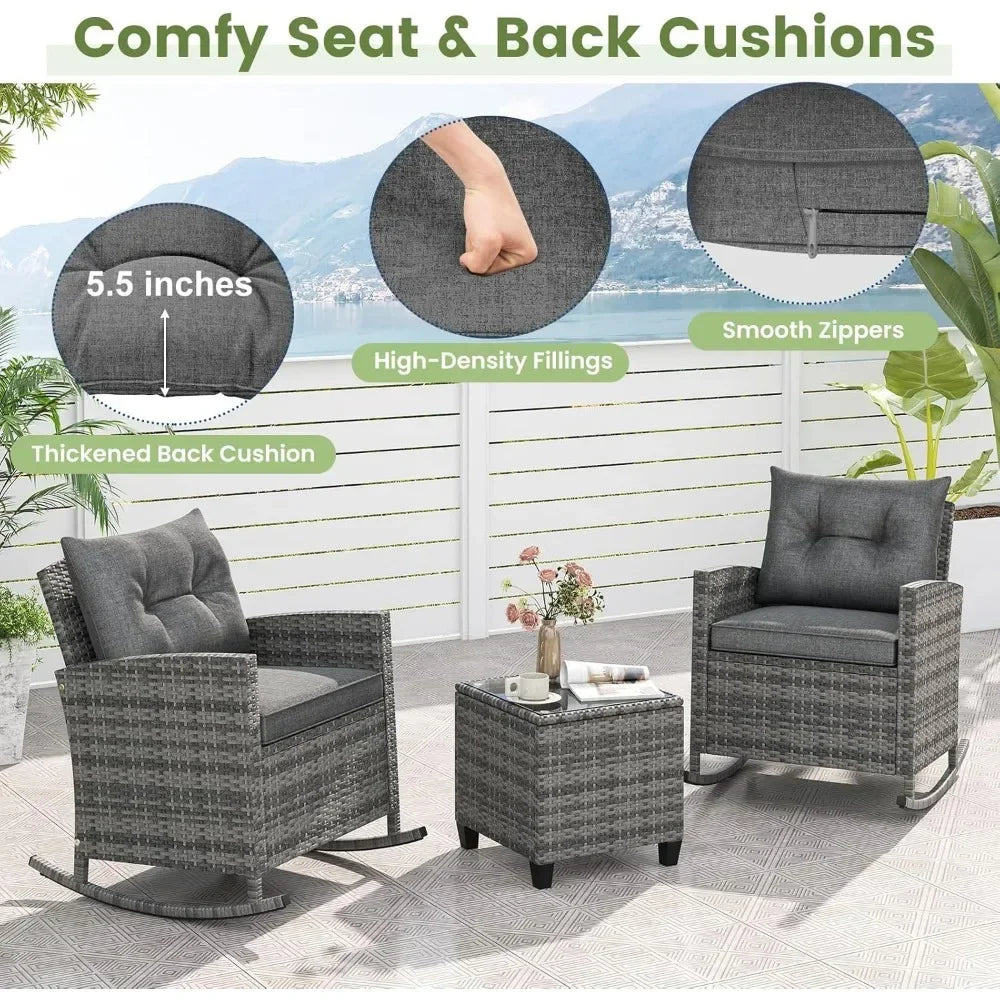 ANGDUO Wicker Patio Rocking Bistro Set With Glass Table