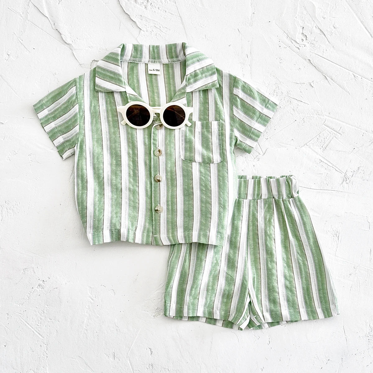 Newborn Baby Boys Girls Clothing Summer Set Green Stripe Buttoned Short Sleeved Lapel Shirt +Shorts Clothes 2Pcs Set