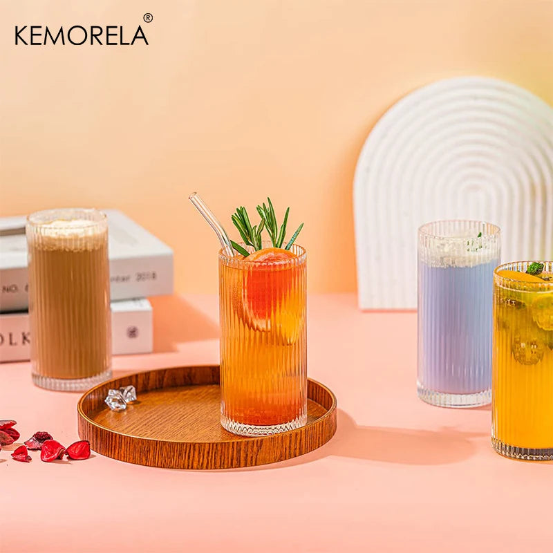 KEMORELA Ribbed Glass Cup Set 8 Piece Glassware Collection