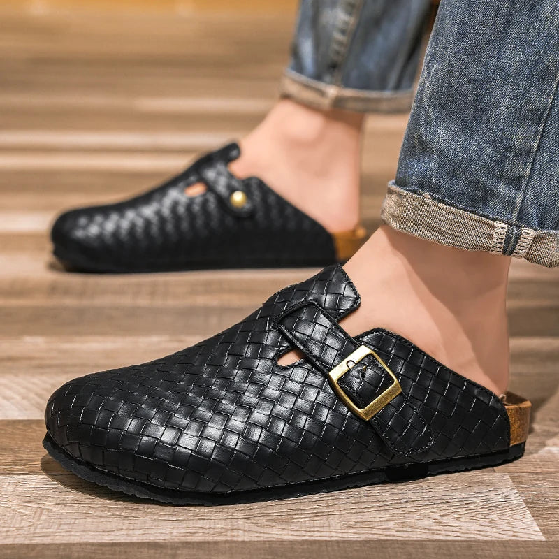 CN Fujian Men Baotou Slippers Leather Cork Footbed Mules