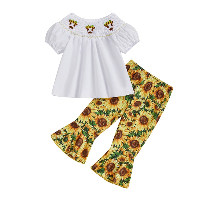 Guangdong Toddler Girl Summer Smocked Top And Flare Pants