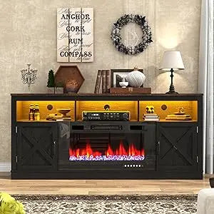 Farmhouse TV Stand With Glass Fireplace And LED Light