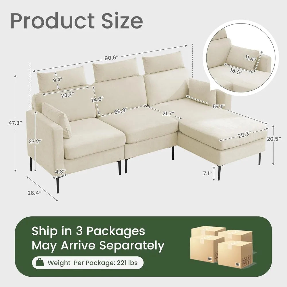 Angduo L-Shaped Sectional Sofa 3-Seater Modular Couch