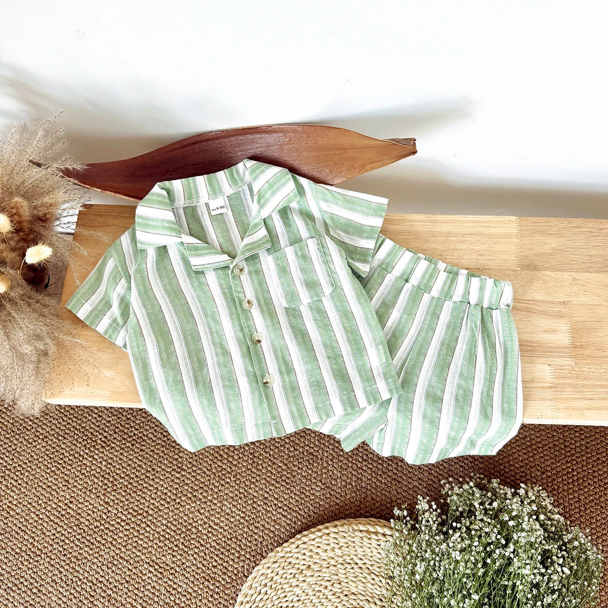 Newborn Baby Boys Girls Clothing Summer Set Green Stripe Buttoned Short Sleeved Lapel Shirt +Shorts Clothes 2Pcs Set