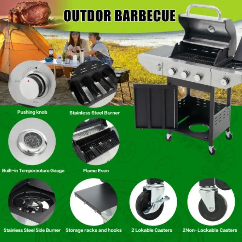 3 Burner Stainless Steel Gas Grill Side Burner 37000 BTU