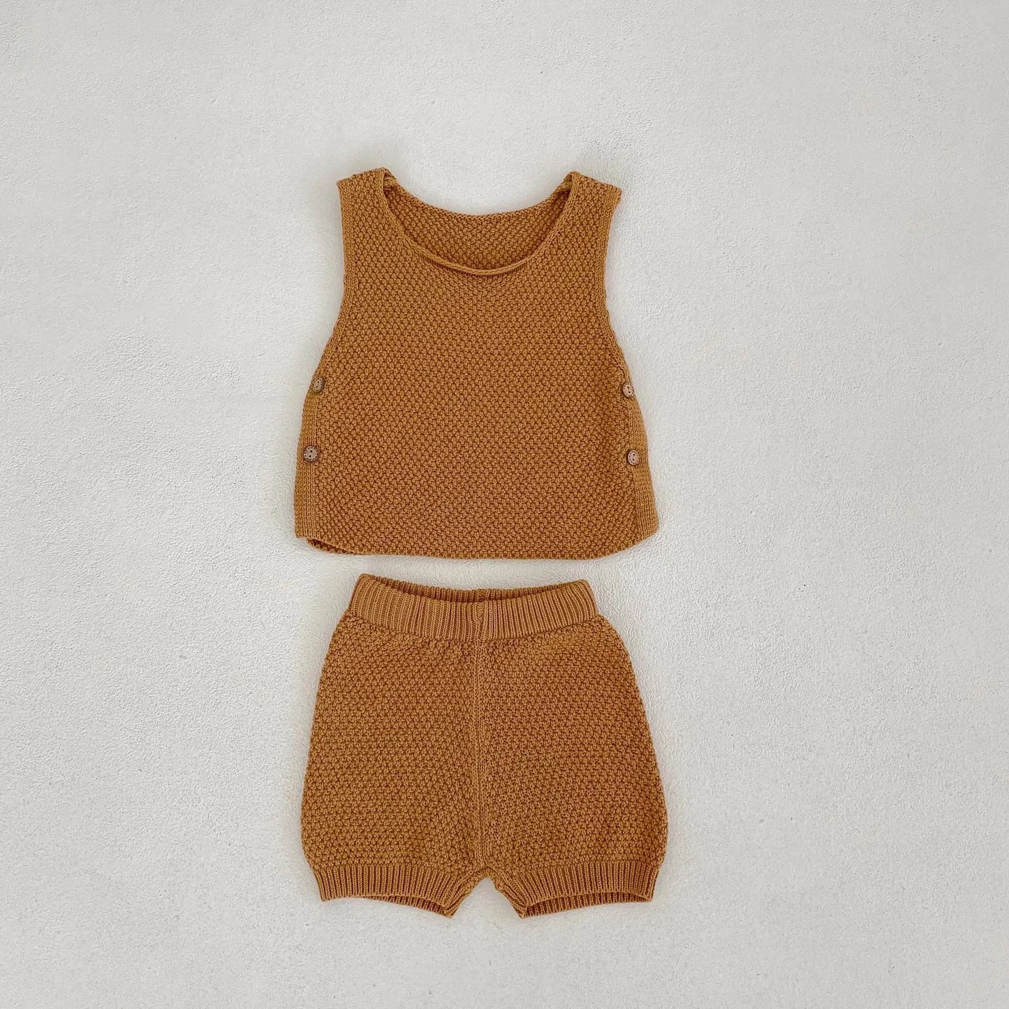 Summer Ins Baby Knitted Sweater Thin Vest Open Button Top+shorts for Boys and Girls 2-piece Suit