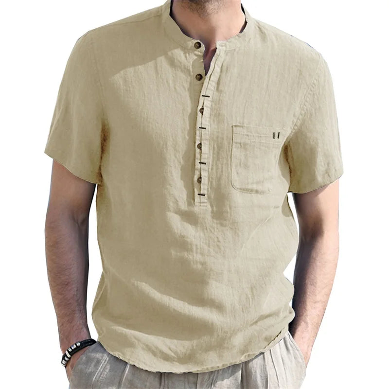 CN Guangdong Mens Linen Henley ShortSleeve Breathable Shirt