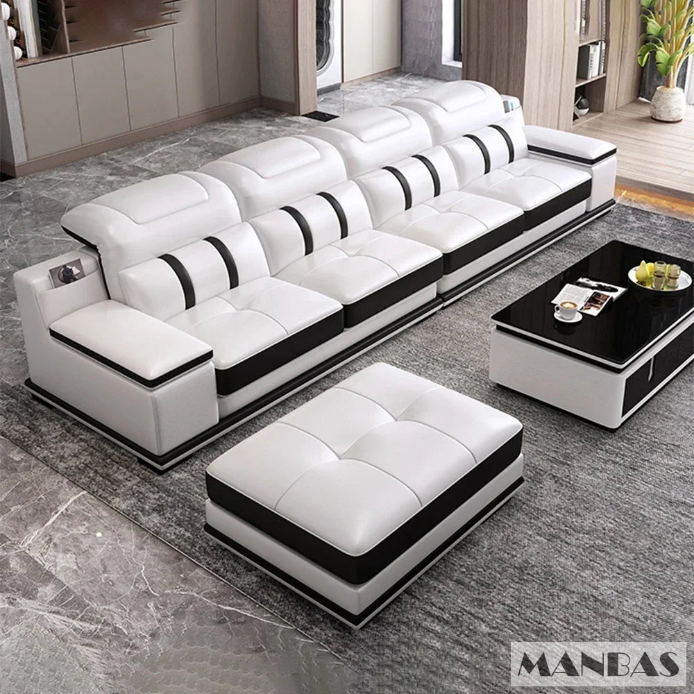 MANBAS Genuine Leather Sofa With Bluetooth USB Headrests