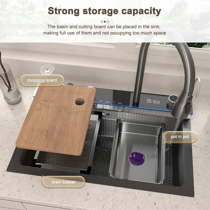 BusySink Stainless Steel Kitchen Sink With Waterfall Faucet