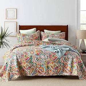 Reversible Cotton Bedspread Quilt Set With Floral Paisley