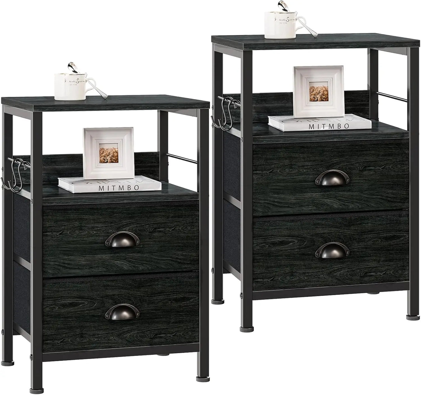 Frame Nightstands Set Two End Tables With Fabric Drawers