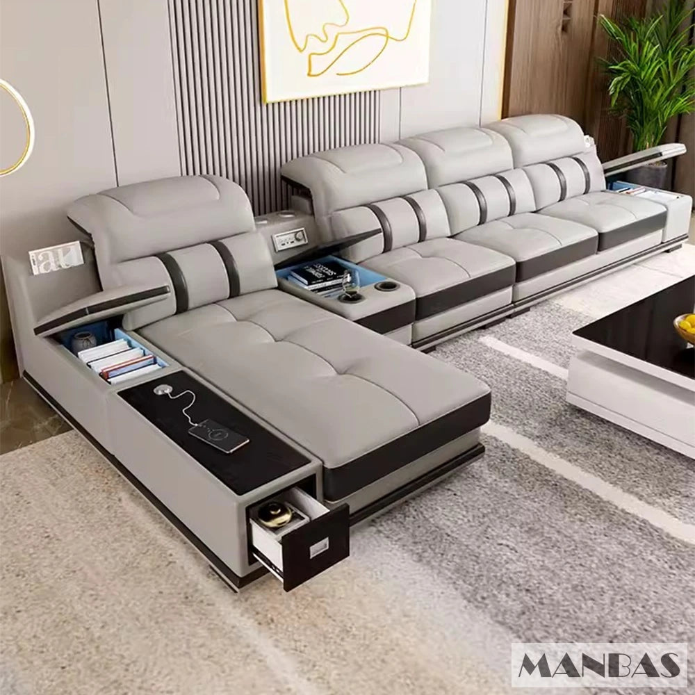 MANBAS Genuine Leather Sofa With Bluetooth USB Headrests