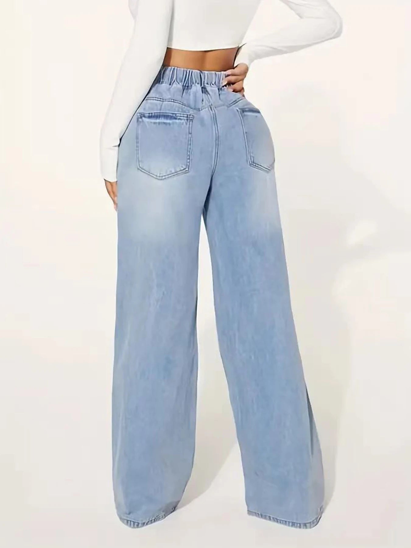 Guangdong Women Jeans Drawstring Straight Leg Denim