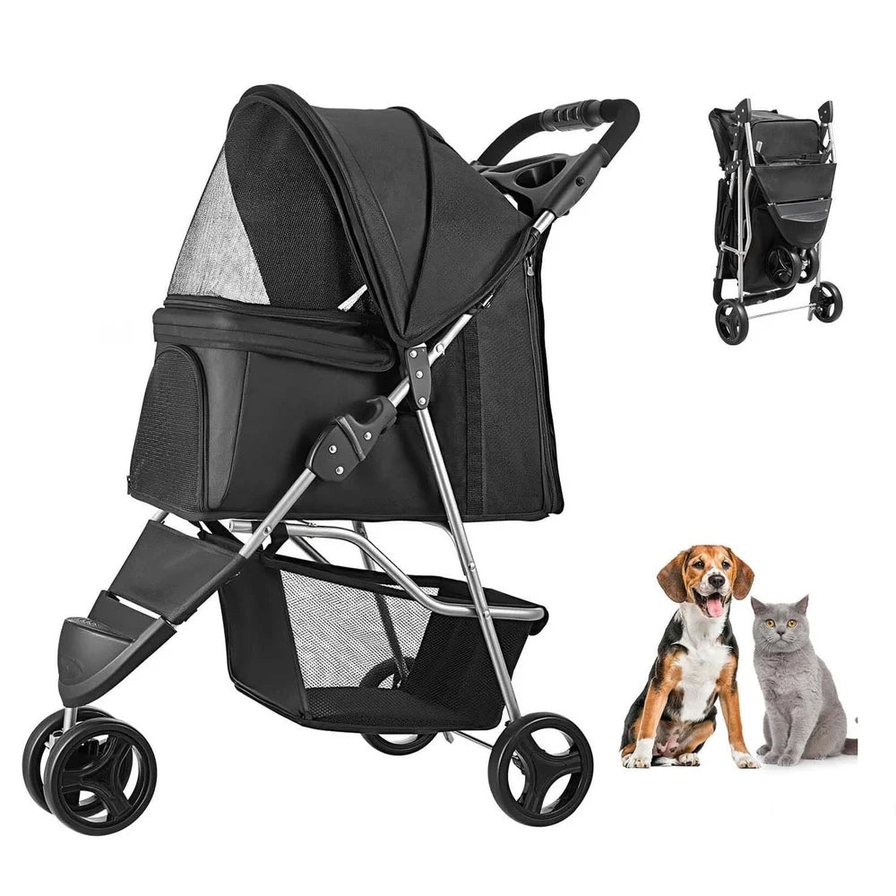 XMSJ Collapsible Pet Stroller Tri-Wheel Mesh Windows