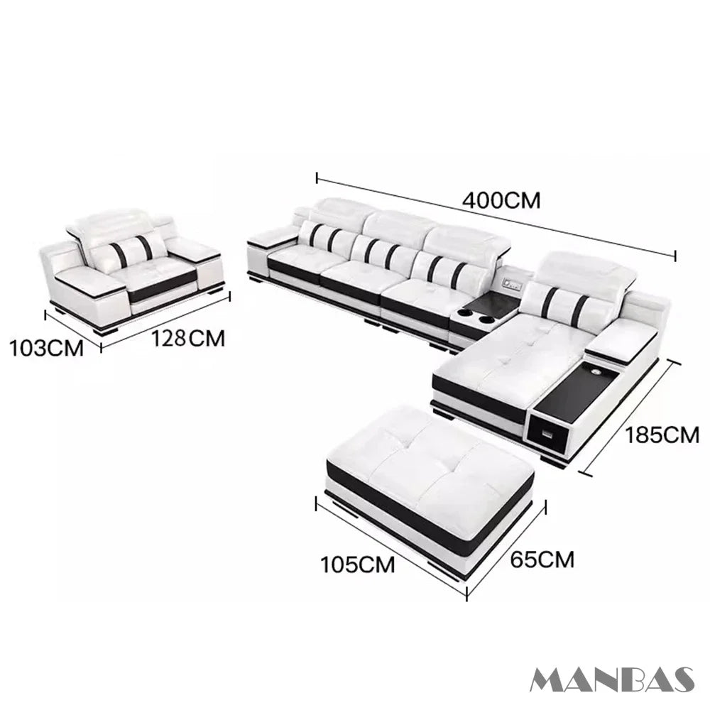MANBAS Genuine Leather Sofa With Bluetooth USB Headrests