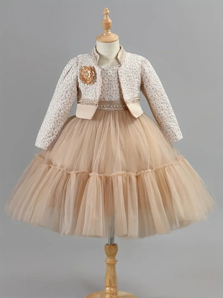 Guangdong Girls Lotus Lace Princess Dress And Coat Set