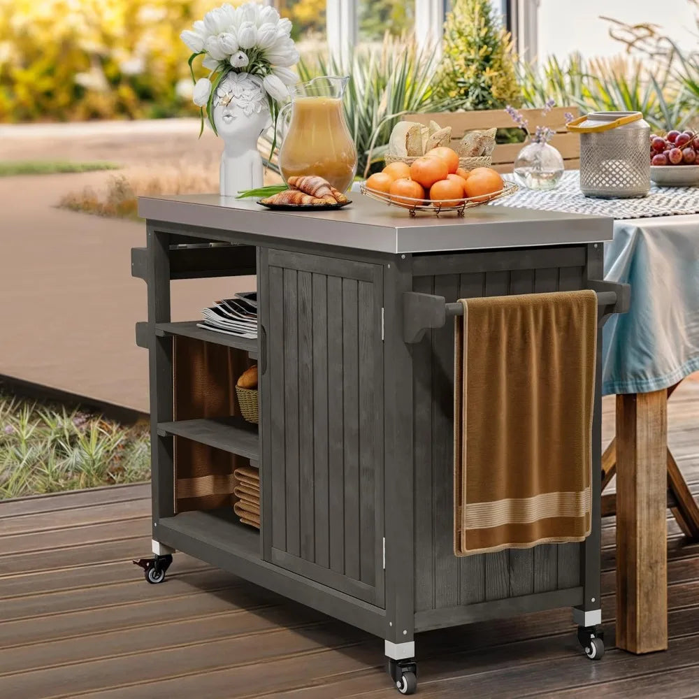 DAFIFY Solid Wood Outdoor Grill Cart With Stainless Table