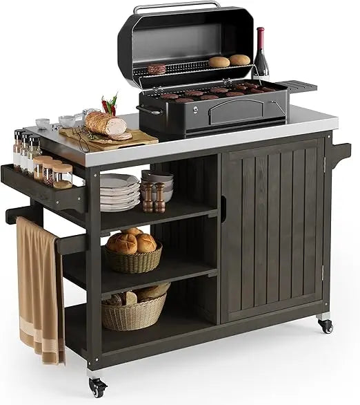DAFIFY Solid Wood Outdoor Grill Cart With Stainless Table