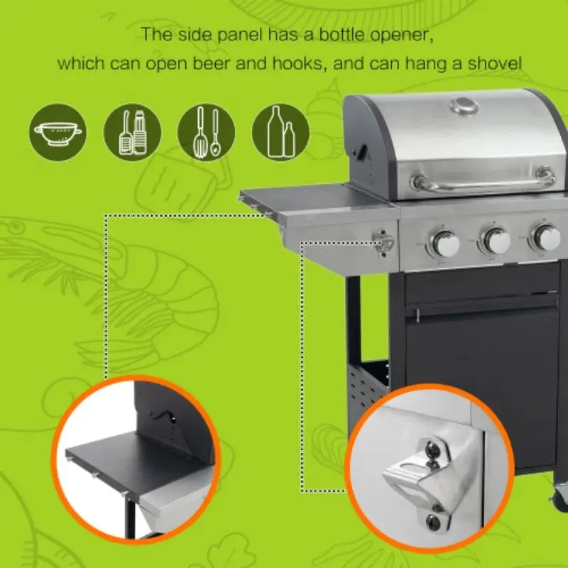3 Burner Stainless Steel Gas Grill Side Burner 37000 BTU