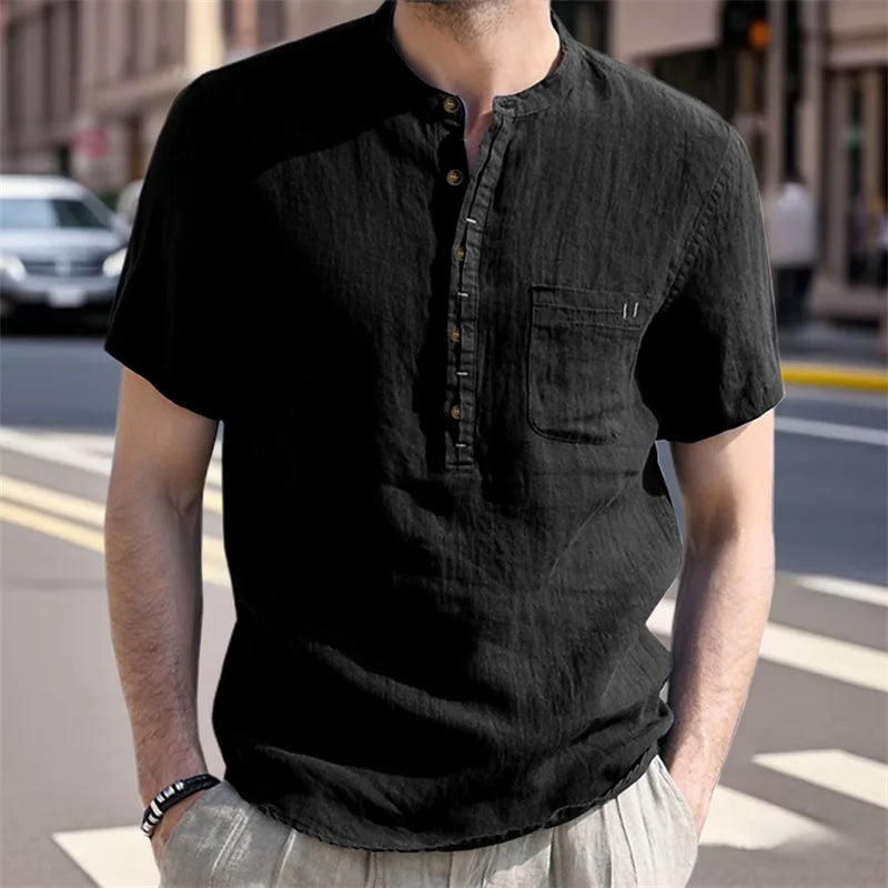 CN Guangdong Mens Linen Henley ShortSleeve Breathable Shirt