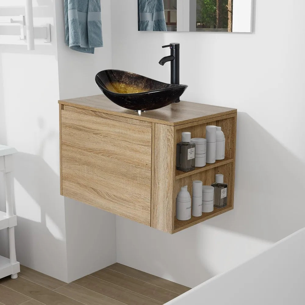 Wall Mount Vanity With Hidden Drawer And Gold Vessel Sink