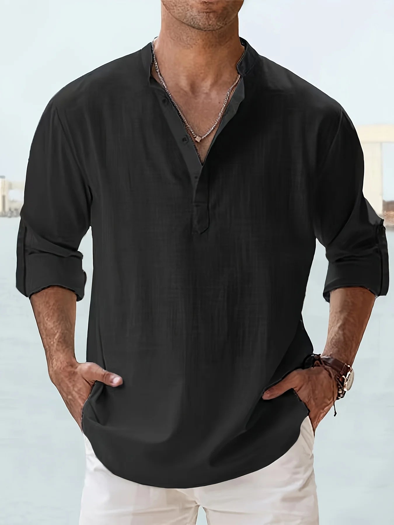 CN Zhejiang Linen Stand Collar Mens Cotton Linen Shirt