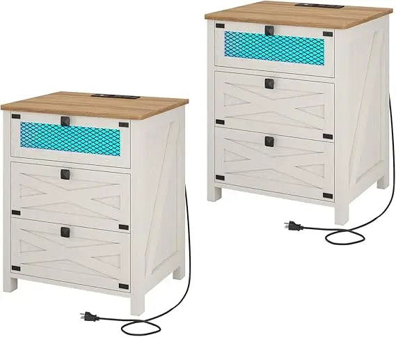 MKDK Farmhouse Nightstand Set Of 2 With Charging Station