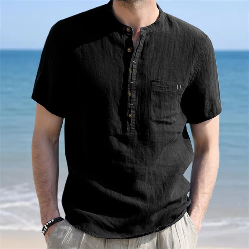 CN Guangdong Mens Linen Henley ShortSleeve Breathable Shirt