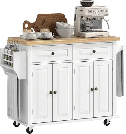 Ticify Kitchen Island Cart With Rubber Wood Top On Wheels