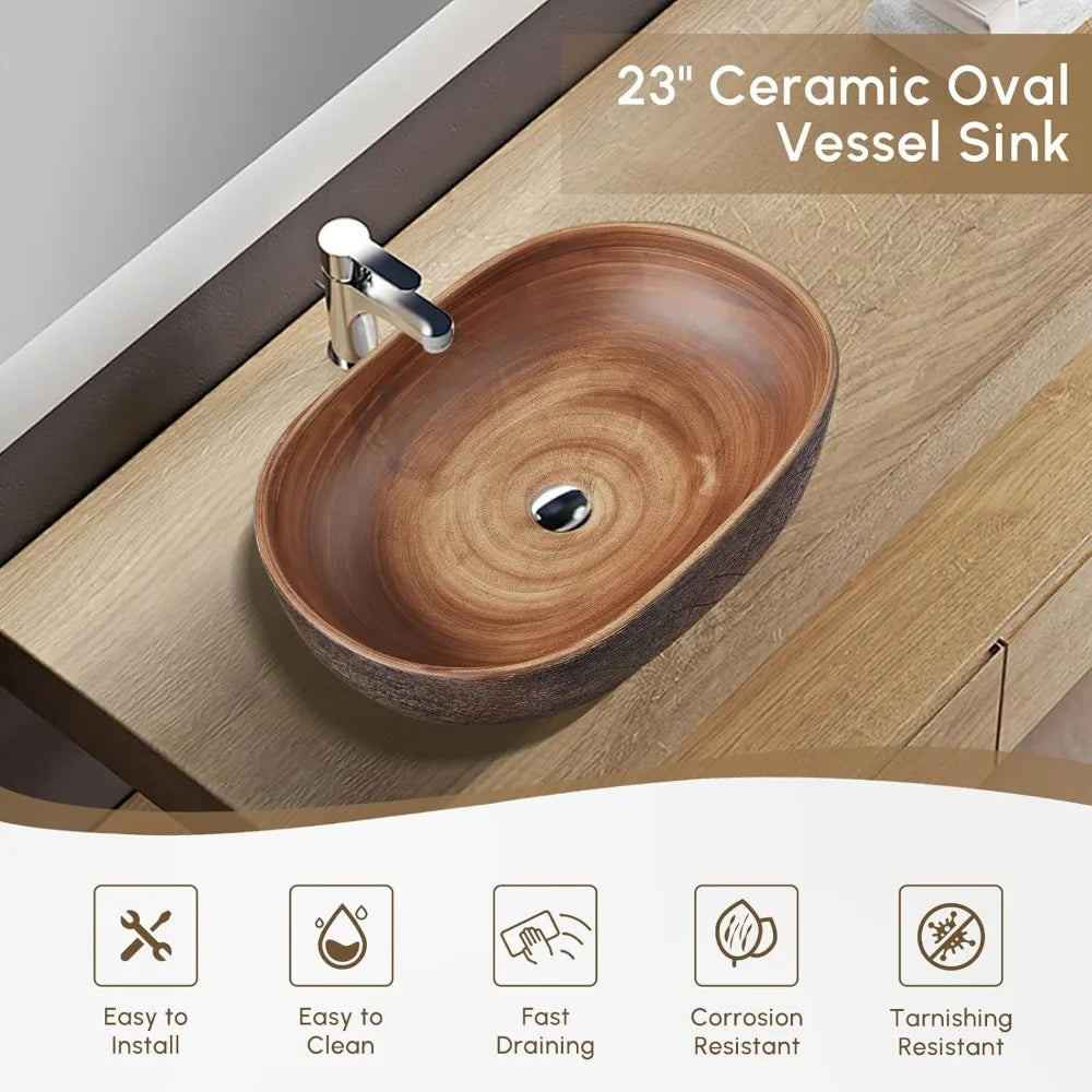 Oval Ceramic Vessel Sink For Bathroom Retro Style Wash Basin