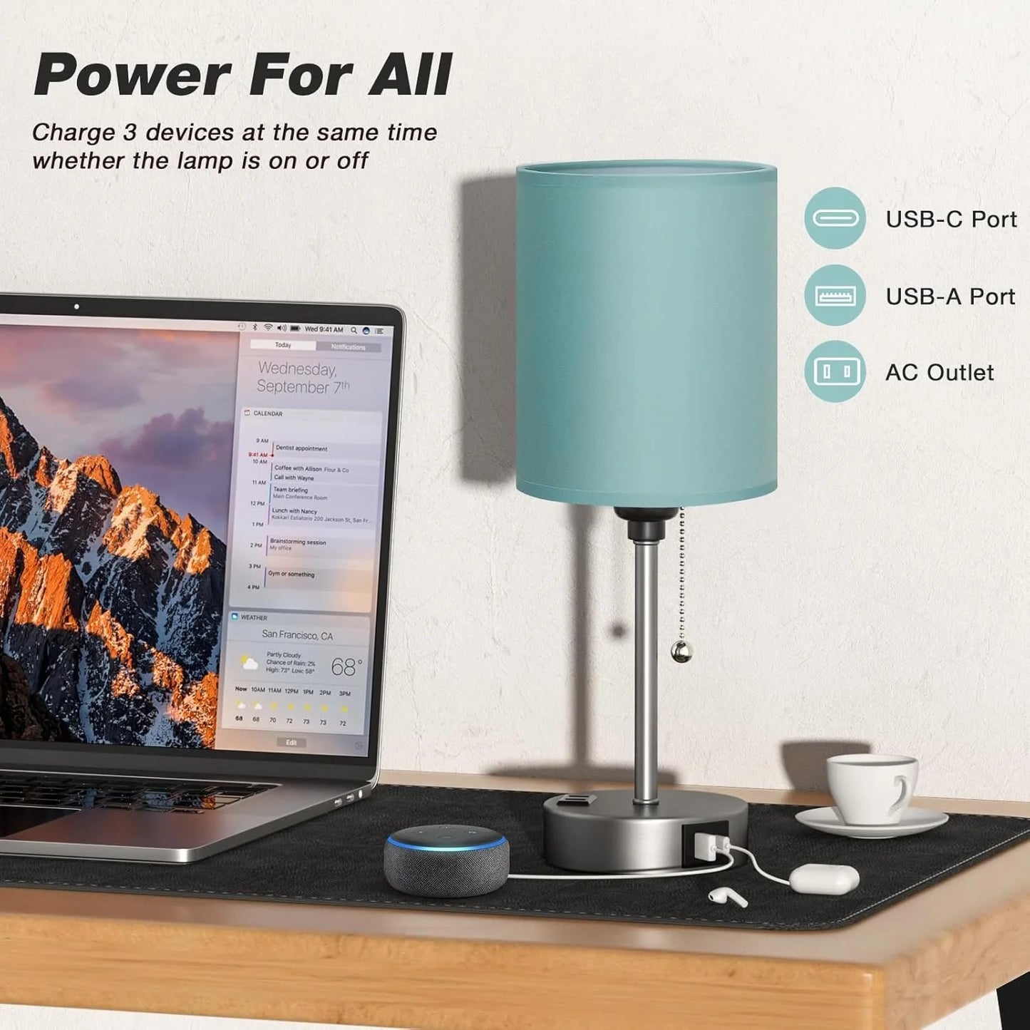 Bedside Table Lamp With Three Temperature Modes USB C Ports