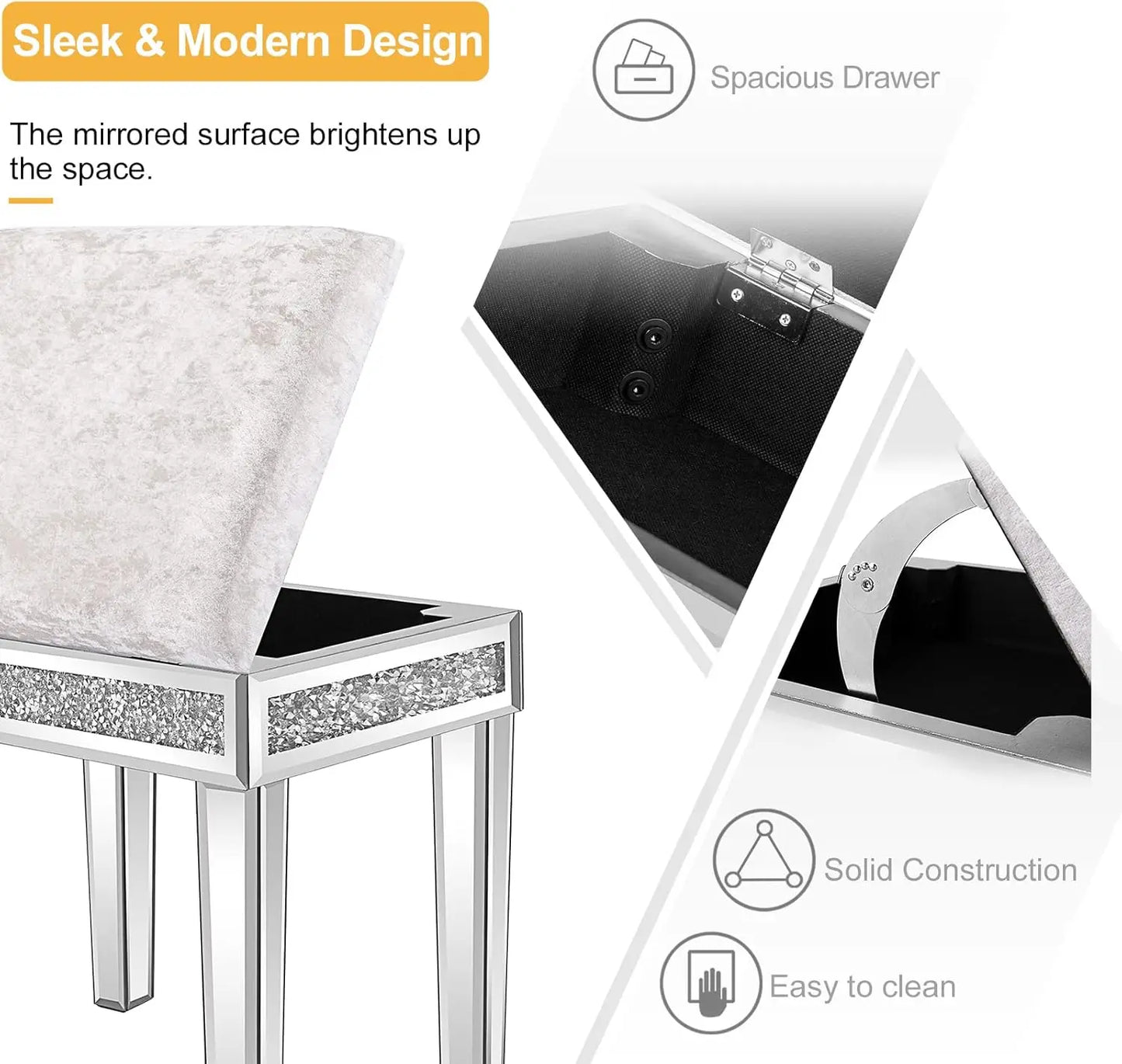 Complete Home And Apparel Mirrored Vanity Stool Velvet