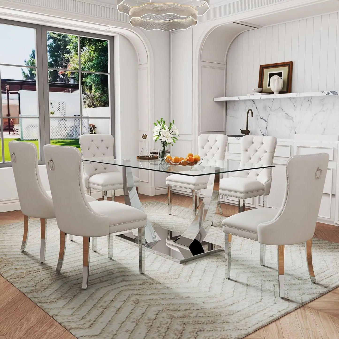 AMHDDT 7 Piece Modern Glass Dining Set With Elegant Chairs