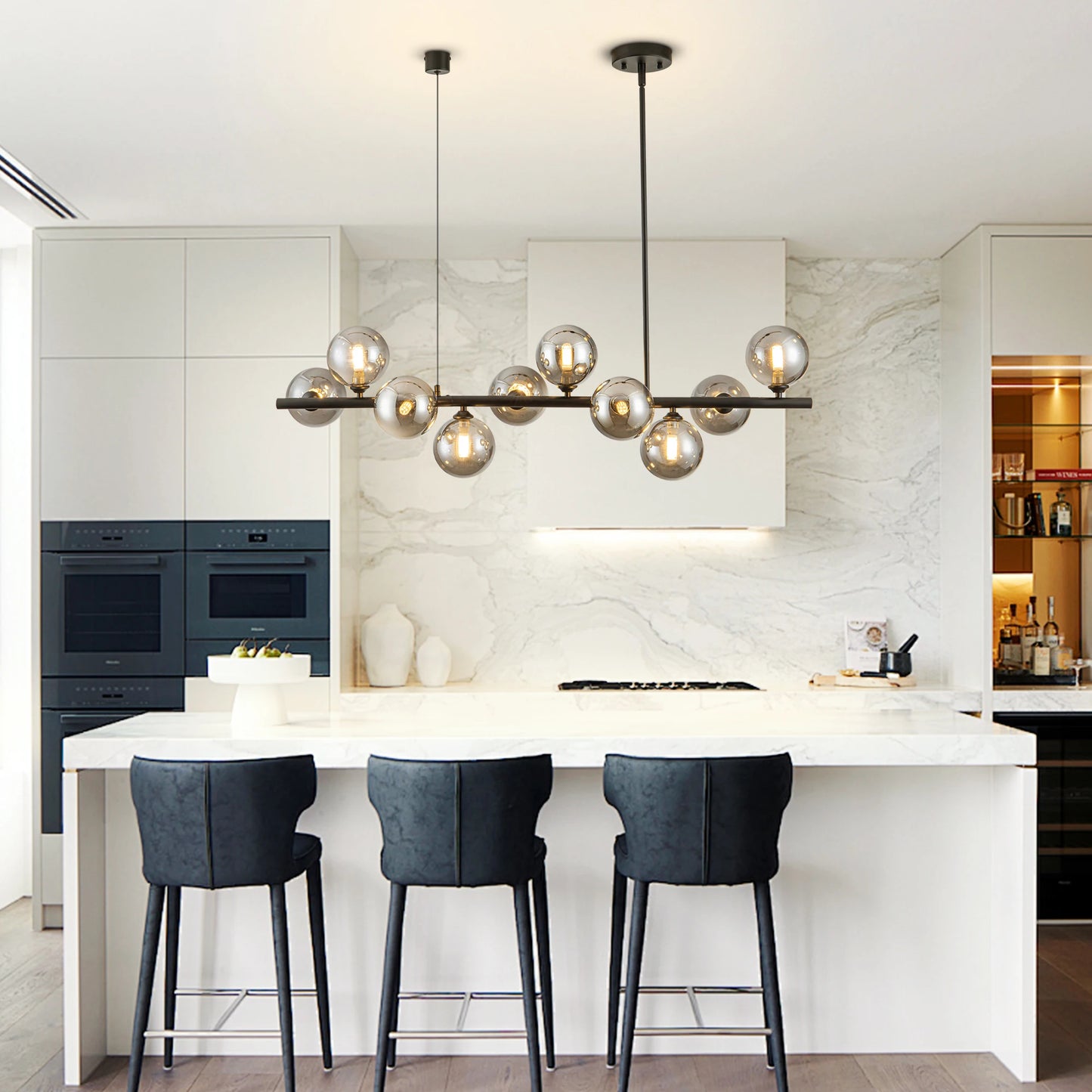 10 Light Adjustable Chandelier With Glass Globe Shades