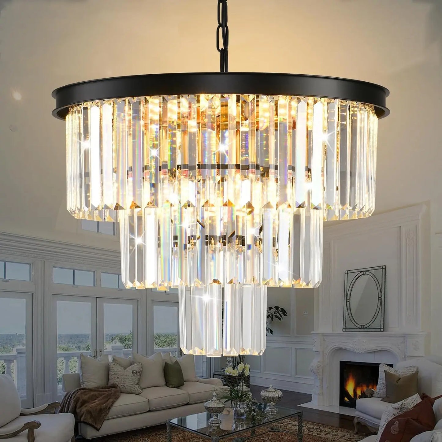 Modern Crystal Chandelier Three Tier Dimmable Ceiling Light