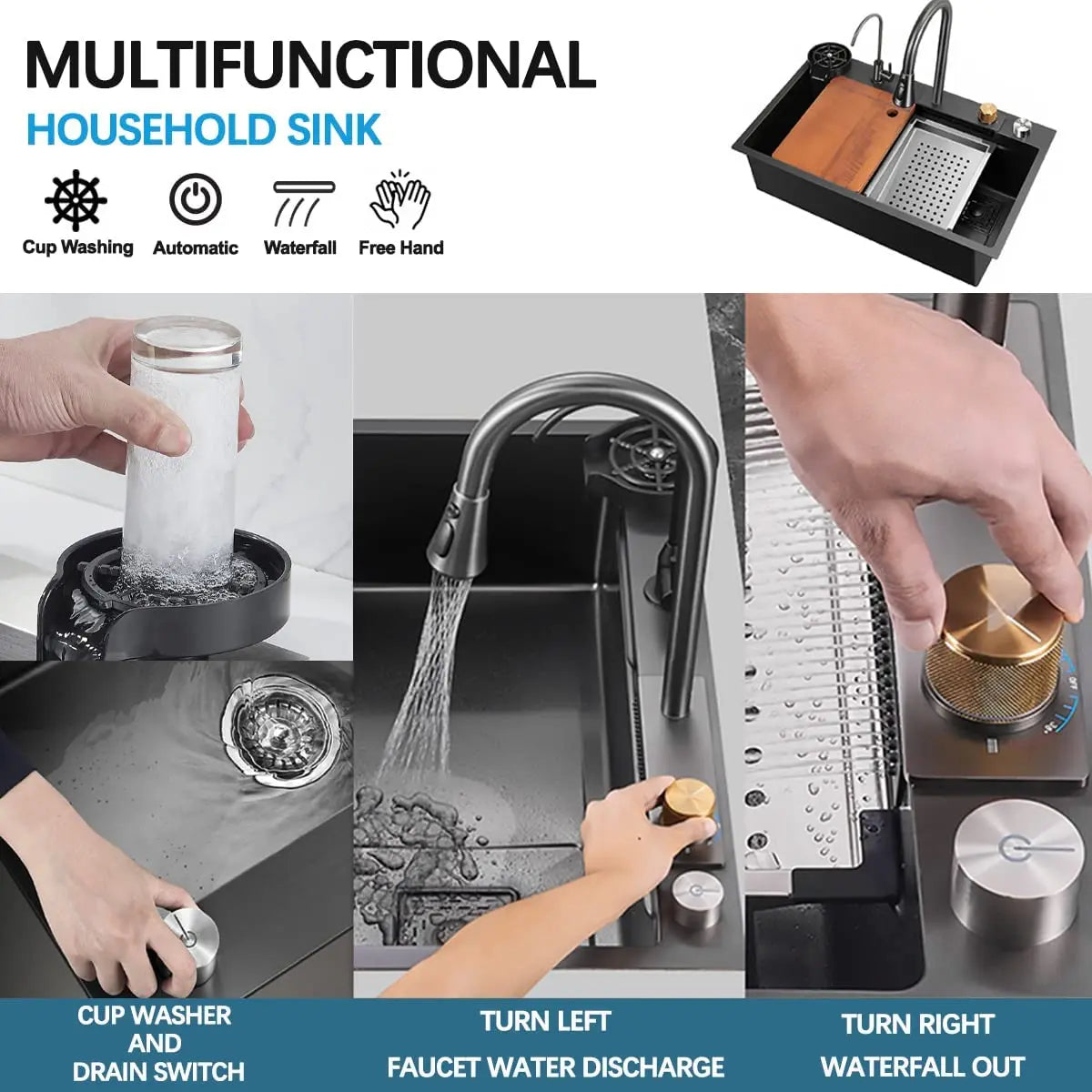 Broncho Nano Stainless Waterfall Kitchen Sink With Faucet